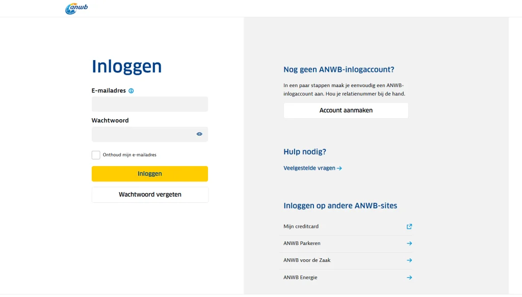 Inlogscherm van ANWB met e-mailadres en wachtwoord van het ANWB-account