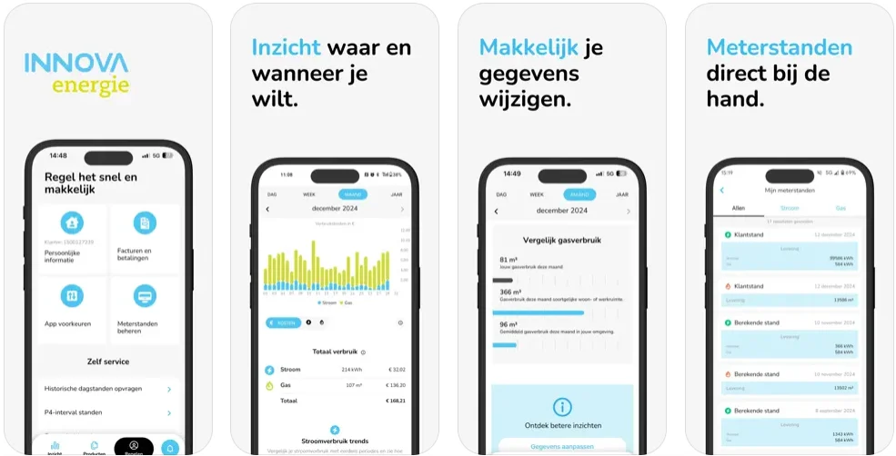 Schermen van de Innova Energie app met verbruik en facturen