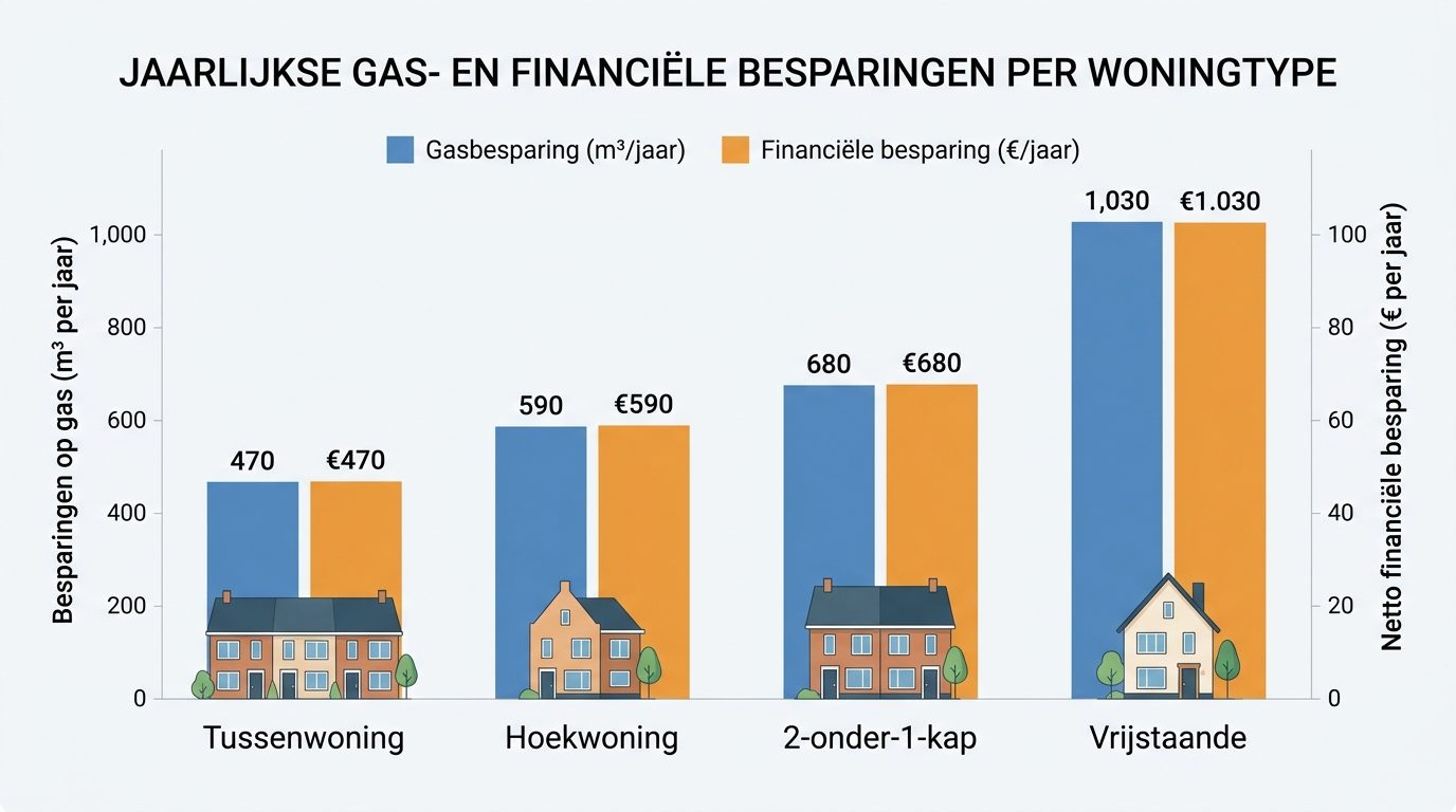 gasbesparing warmtepomp tussenwoning hoekwoning vrijstaande woning jaarlijks