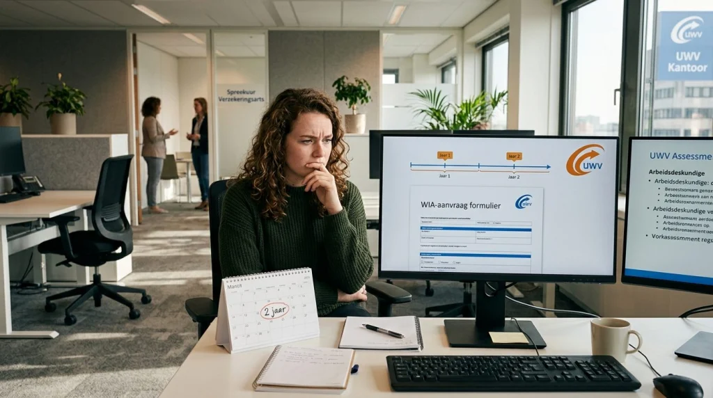 Nederlandse werknemer in kantoor met werkgever, ziekteverzekering en UWV-proces illustratie