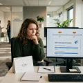 Nederlandse werknemer in kantoor met werkgever, ziekteverzekering en UWV-proces illustratie