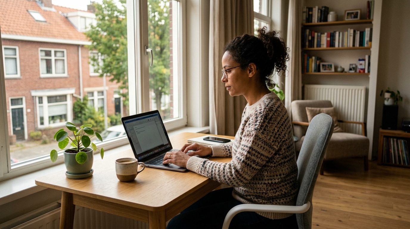 Nederlandse werknemer aan laptop thuis, gedeeltelijk werkhervatting na ziekte