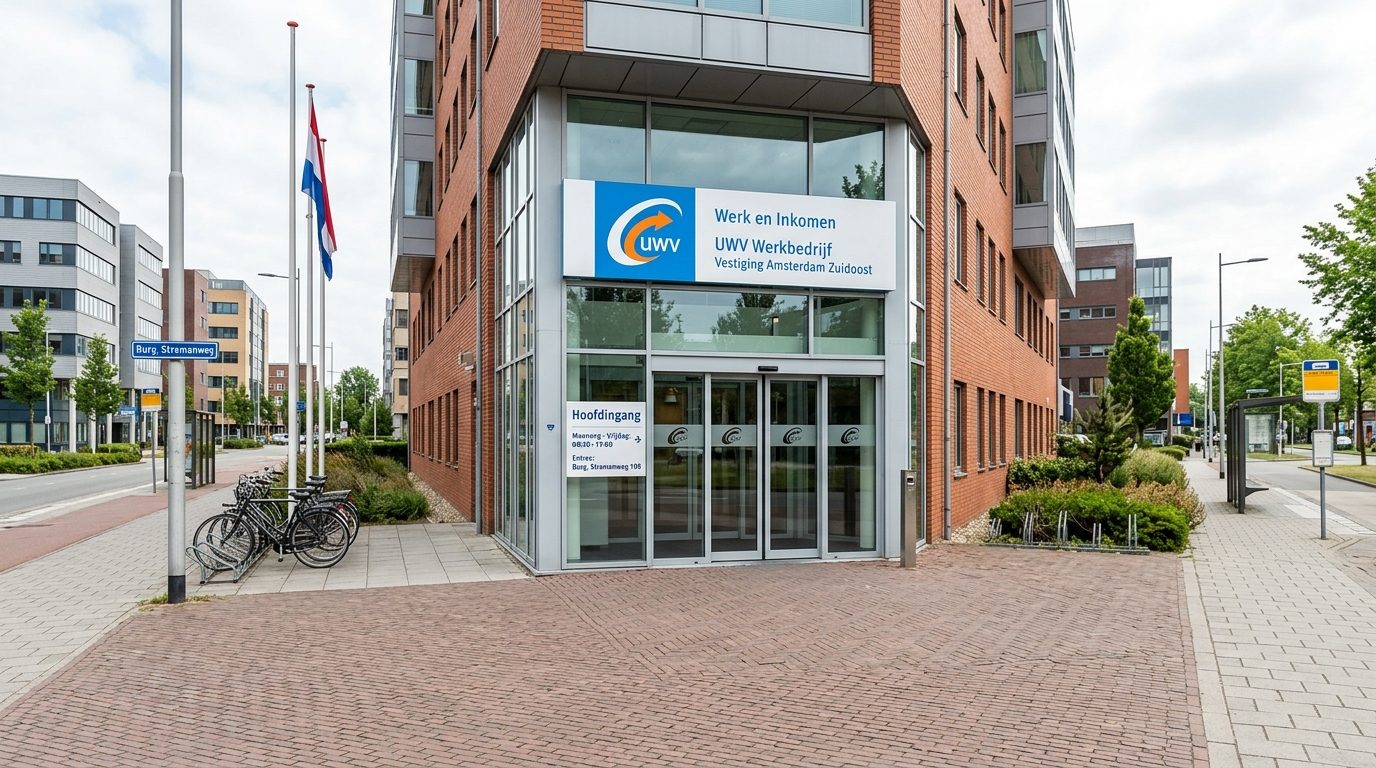 UWV kantoor Nederlandse ingang met deur en huisnummer, waar WGA-uitkering wordt aangevraagd