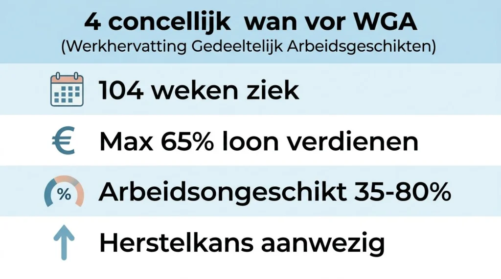 WGA uitkering voorwaarden schema: 2 jaar ziek, maximaal 65% loon, arbeidsongeschikt 35-80%, herstelkans