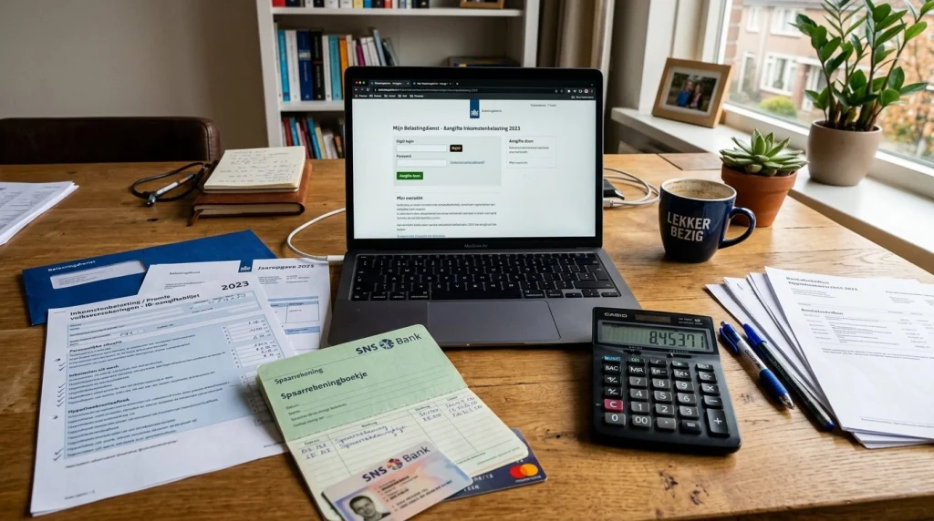 Nederlandse belastingaangifte papieren, laptop en spaarbankboekje op bureau