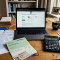 Nederlandse belastingaangifte papieren, laptop en spaarbankboekje op bureau