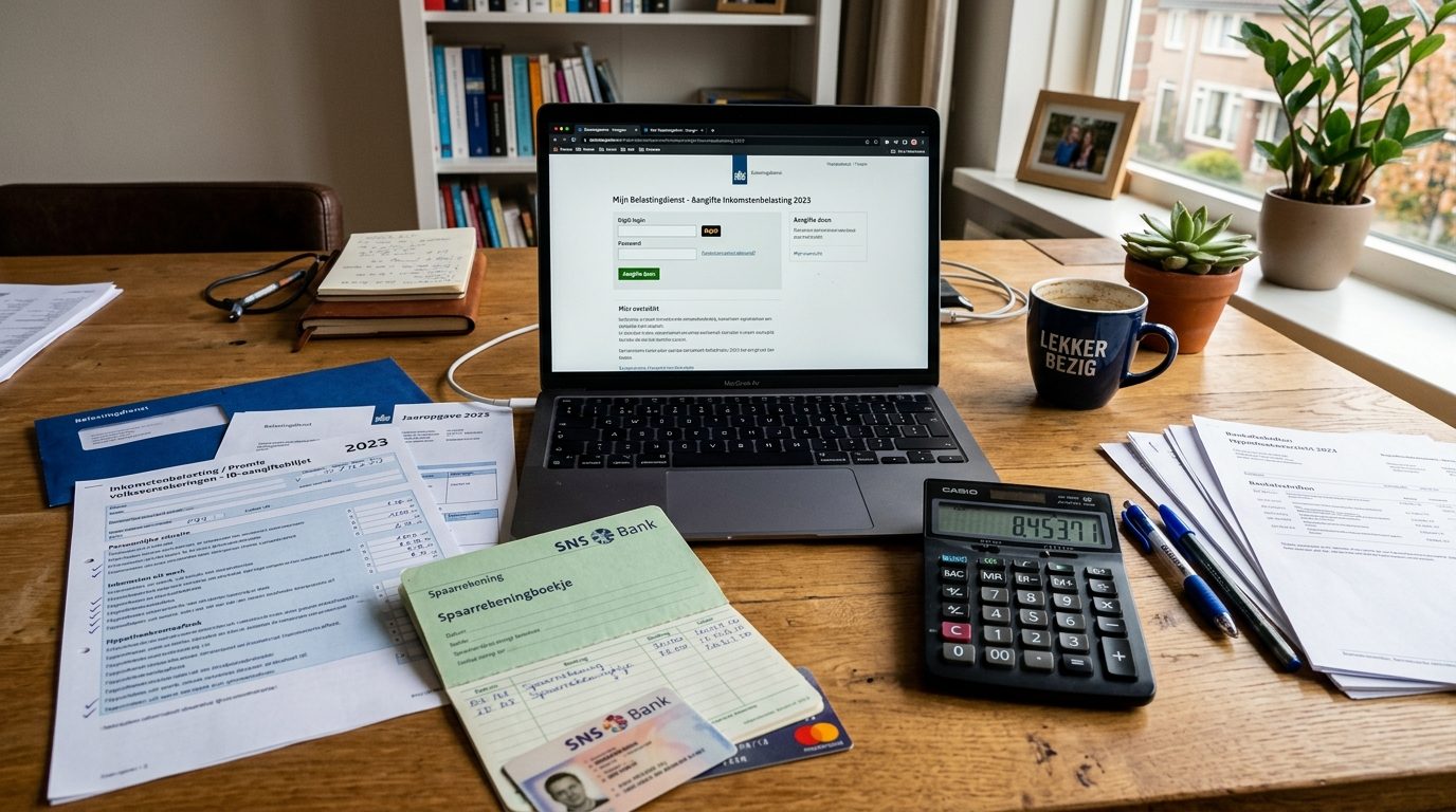Nederlandse belastingaangifte papieren, laptop en spaarbankboekje op bureau