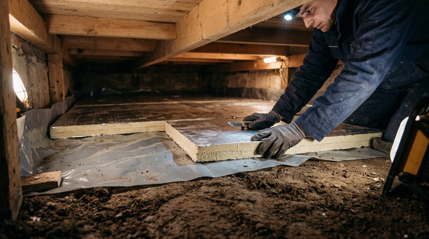 bodemisolatie in kruipruimte met isolatiemateriaal op grond en dampscherm