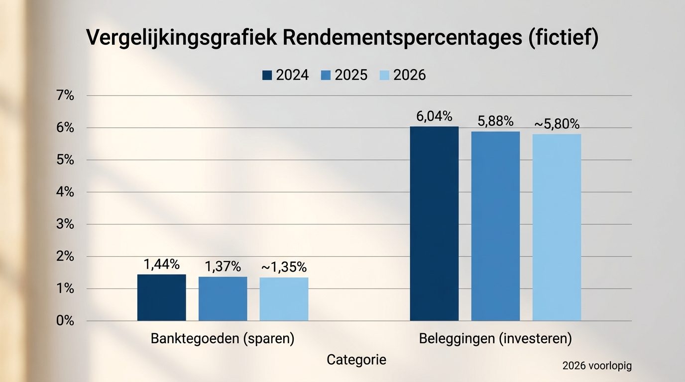 Vergelijking fictieve rendementpercentages voor banktegoeden en beleggingen in 2024, 2025 en 2026