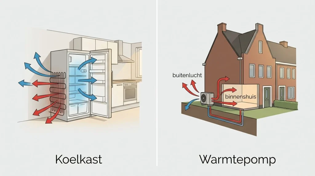 koelkast versus warmtepomp warmtestroom richting diagram