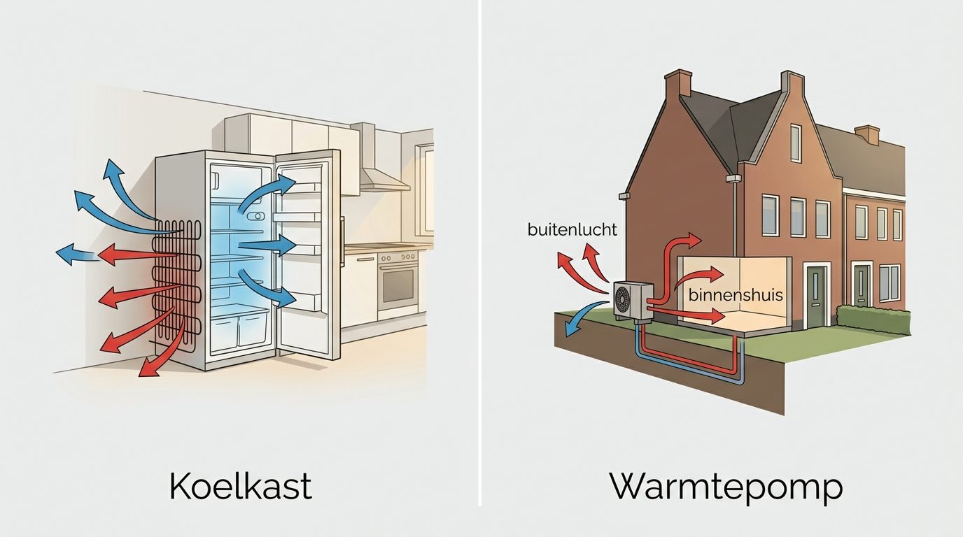 koelkast versus warmtepomp warmtestroom richting diagram