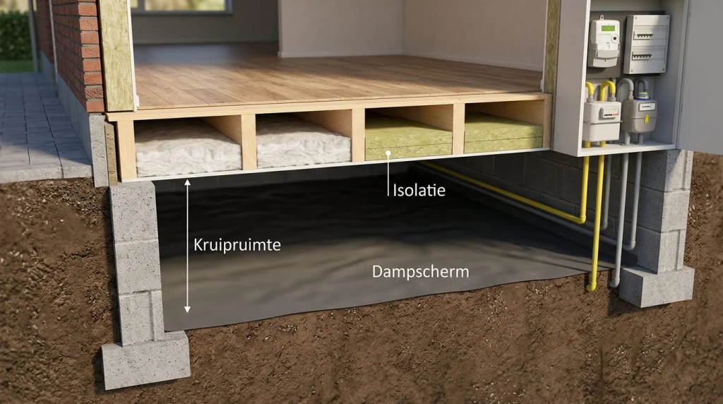 doorsnede Nederlandse woning met kruipruimte en isolatiemateriaal onder begane grondvloer
