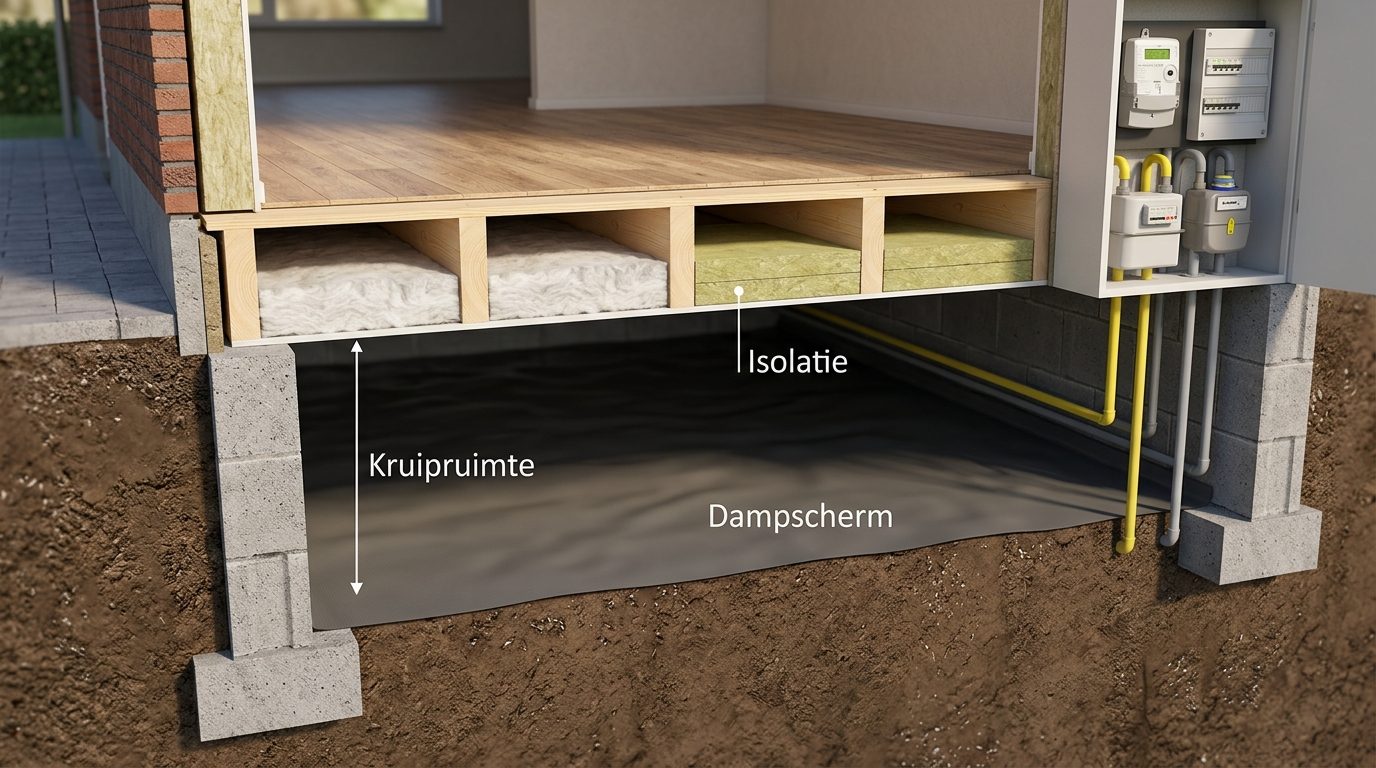 doorsnede Nederlandse woning met kruipruimte en isolatiemateriaal onder begane grondvloer