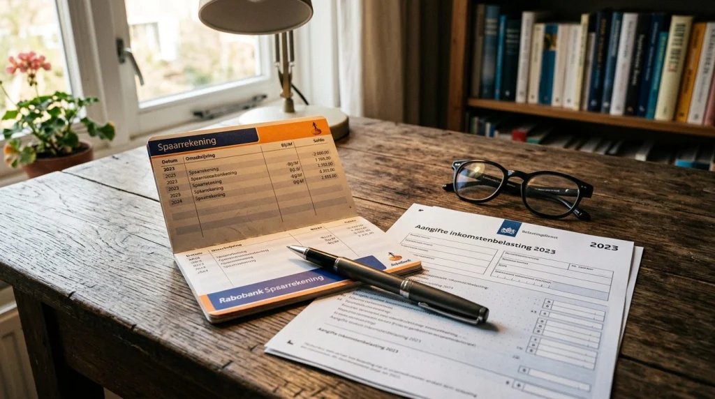 Nederlands spaarbankboekje naast belastingaangifteformulier op bureau