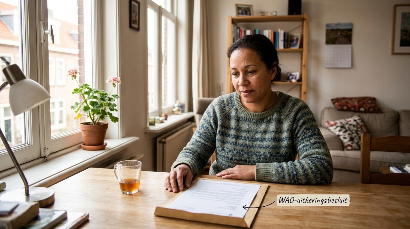 Nederlandse huiskamer met WAO-uitkeringsbesluit op tafel, huishoudens context