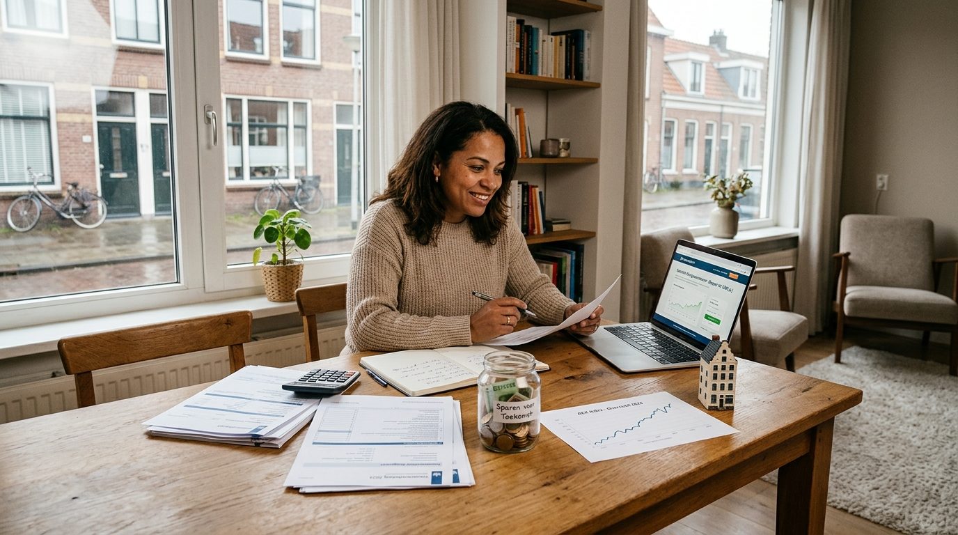 Nederlandse huiskamer met spaarpot en financiële documenten voor box 3-vermogen