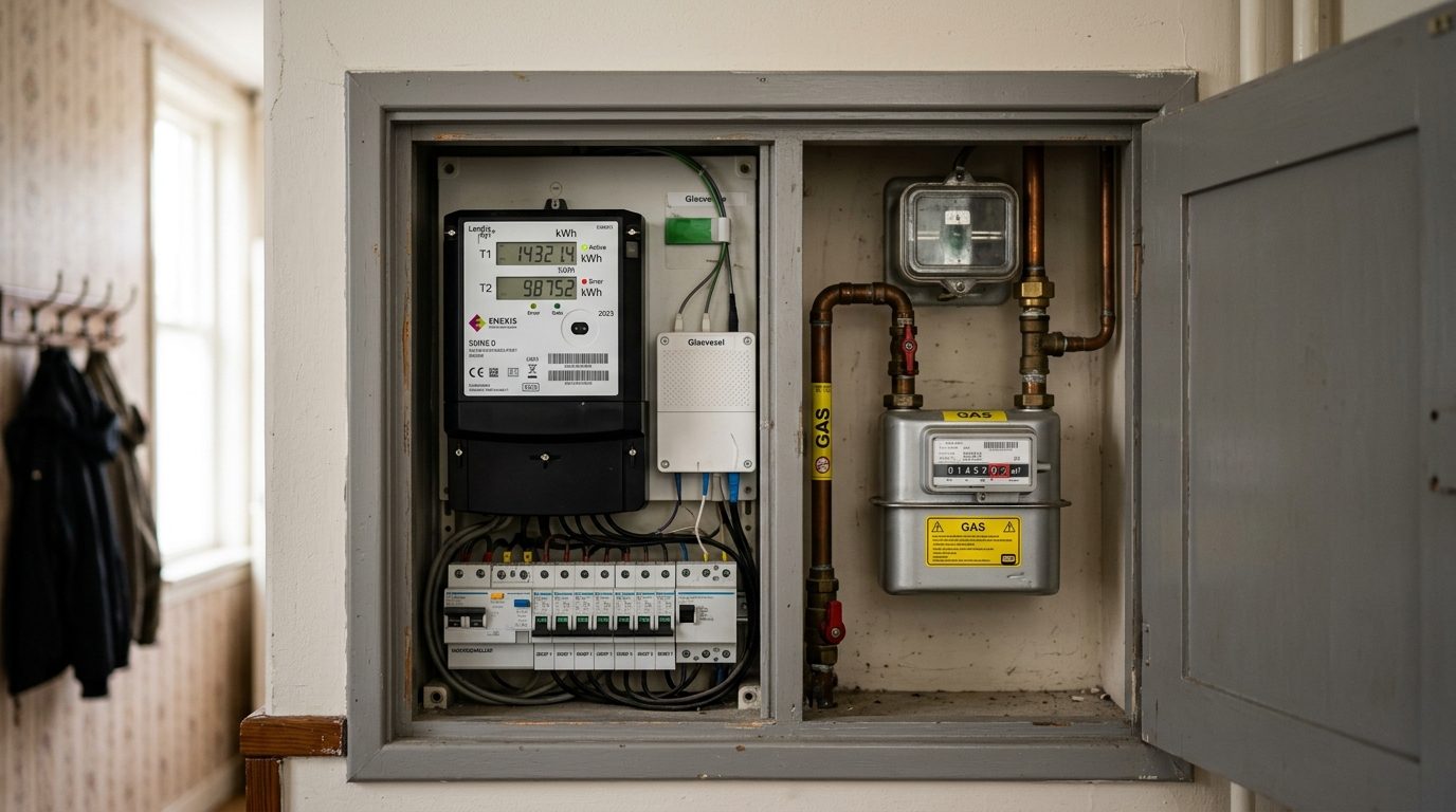 Nederlandse meterkast met slimme meter elektriciteit en gasaansluiting