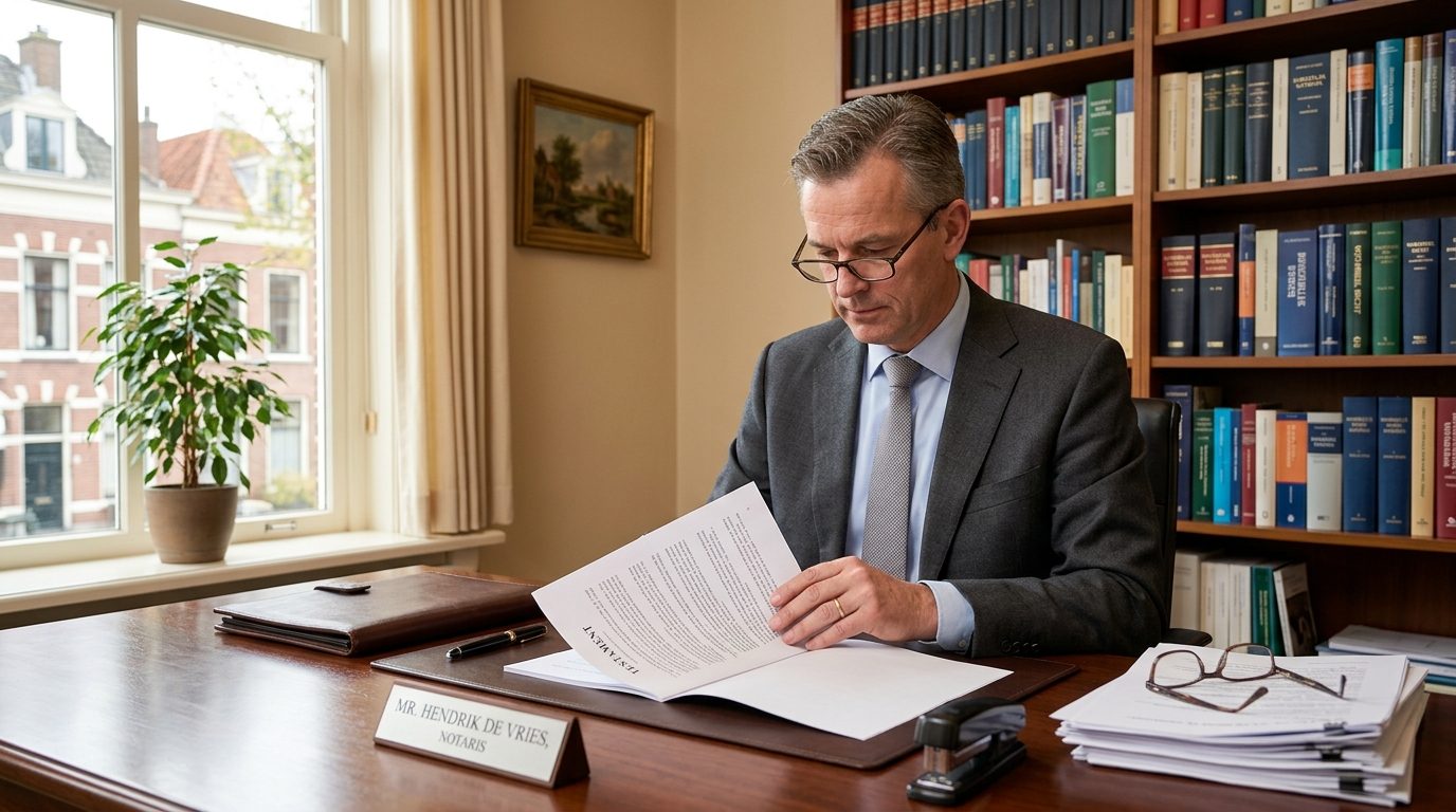 Nederlandse notaris met erfenisdocumenten en testament op bureau