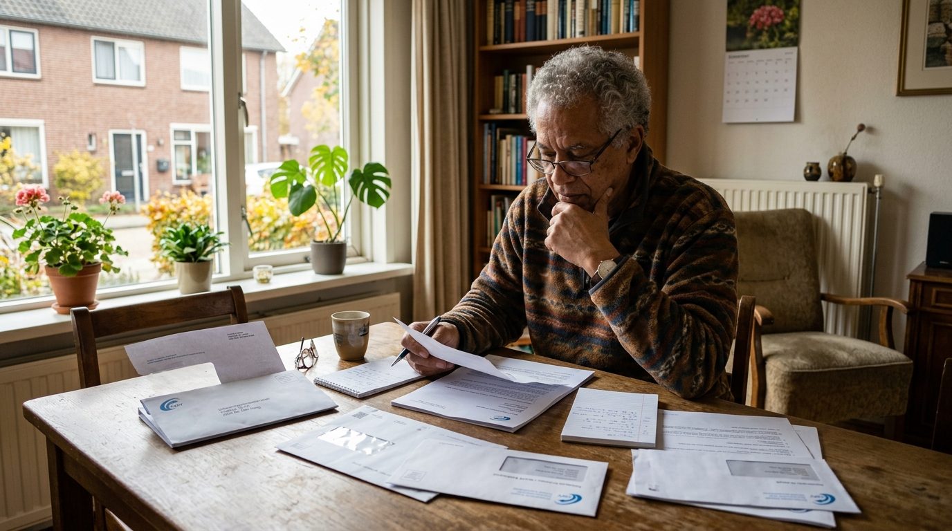 Oudere Nederlander thuis met UWV-documenten en brieven op tafel