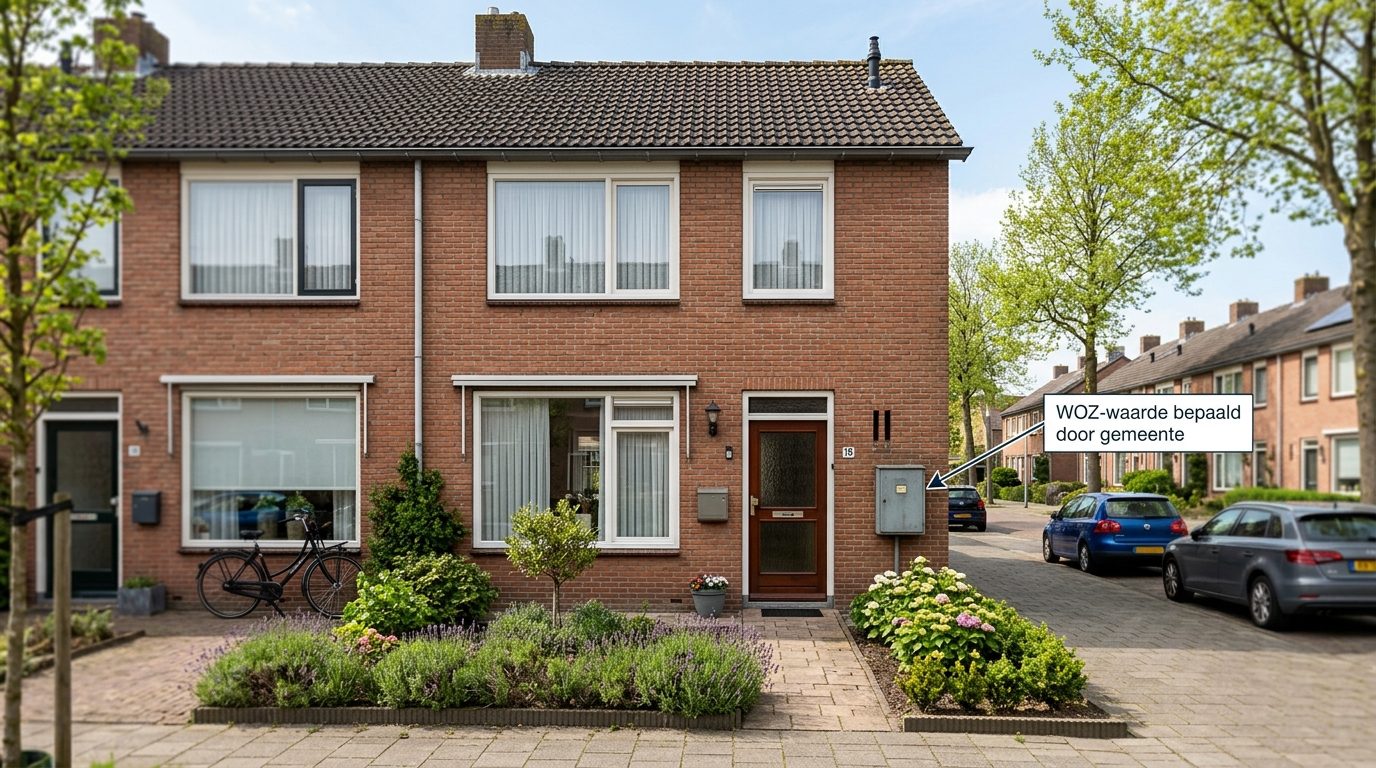 Nederlandse rijtjeswoning voorgevel met meterkast zichtbaar, waar OZB op betrekking heeft