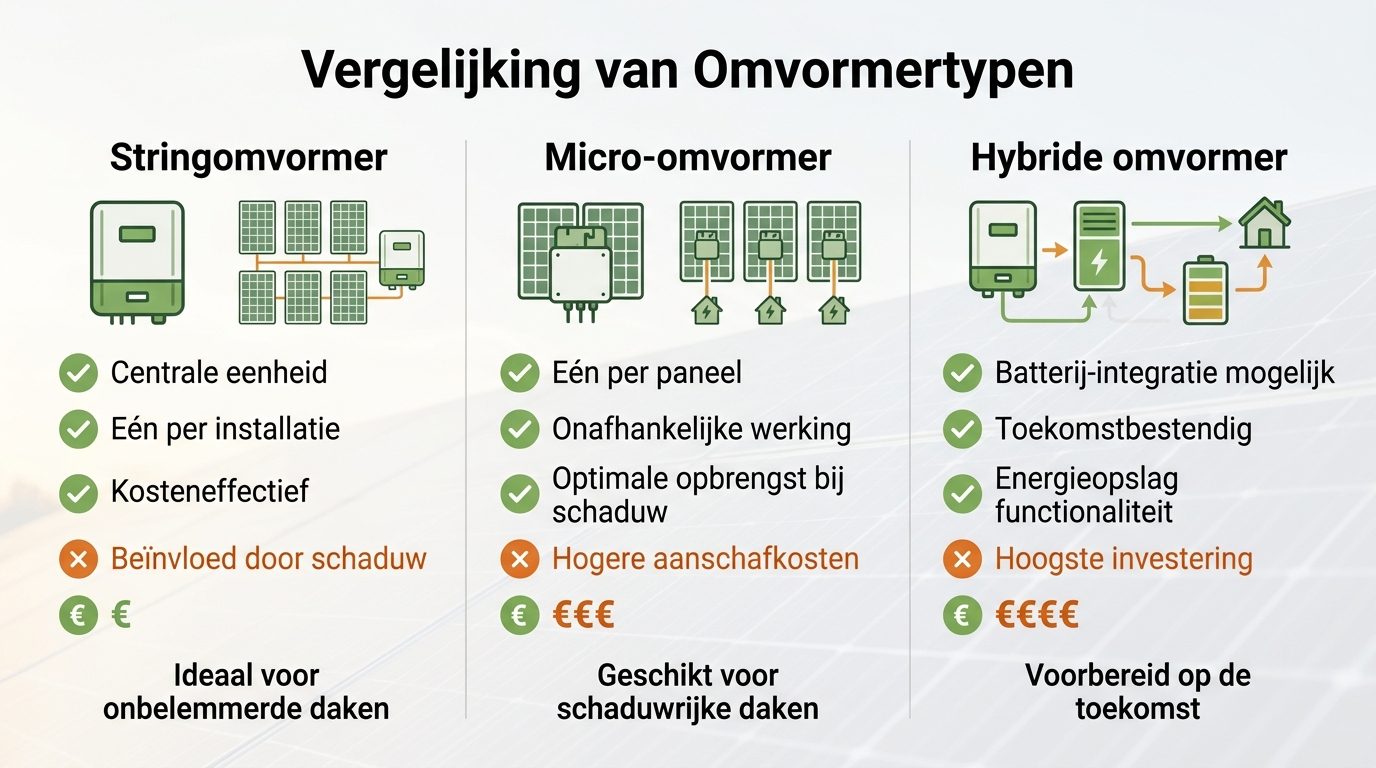 vergelijking omvormer typen stringomvormer micro-omvormer hybride omvormer voordelen nadelen