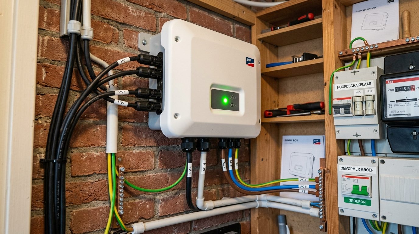 omvormer zonnepanelen meterkast witte behuizing groene led indicator kabels