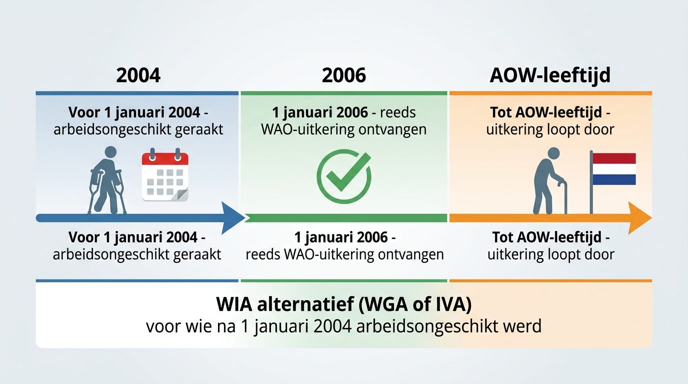 WAO tijdlijn: arbeidsongeschikt voor 2004, uitkering op 1 januari 2006, doorloop tot AOW-leeftijd