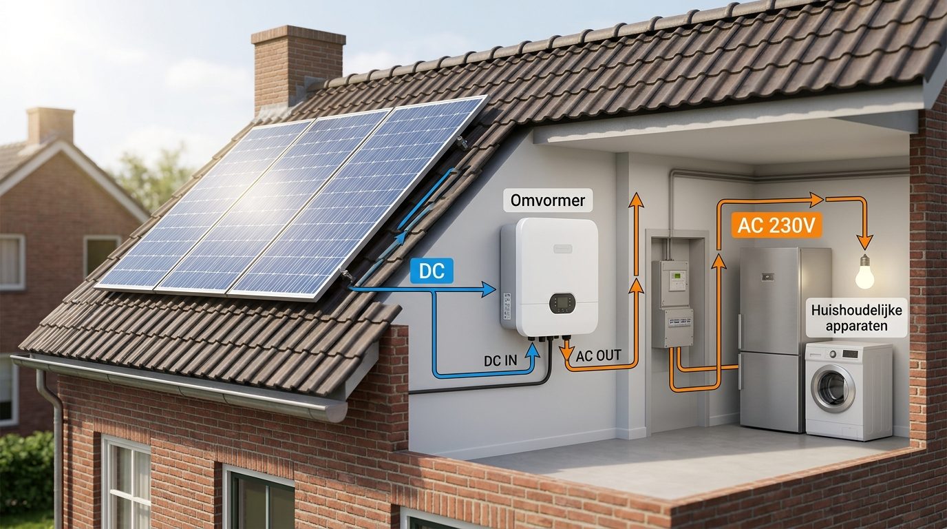 zonnepanelen gelijkstroom DC wisselstroom AC omvormer conversie diagram