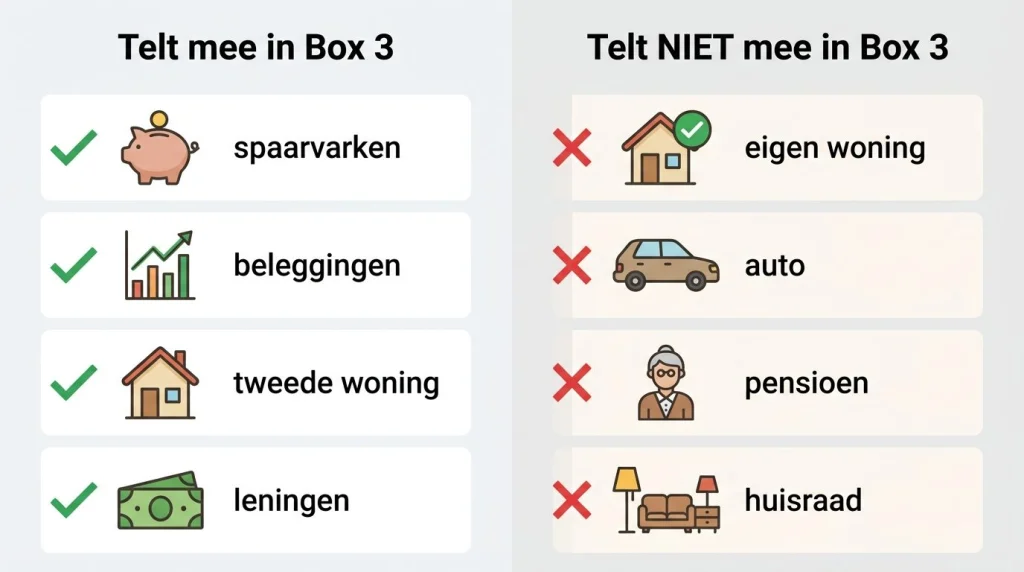 infographic wat telt mee in box 3 belasting spaargeld aandelen tweede woning versus eigen woning auto pensioen