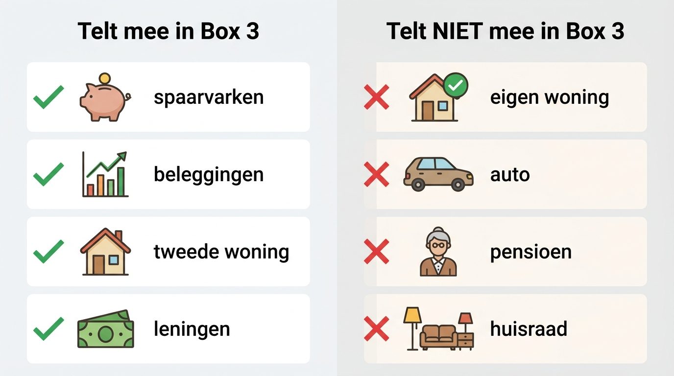 Infographic wat telt mee in box 3: spaargeld, aandelen en tweede woning versus eigen woning, auto en pensioen