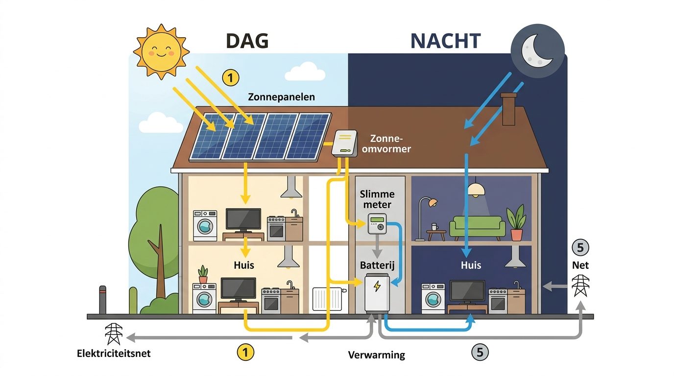 schema energiestroom zonnepanelen thuisbatterij huishouden elektriciteit