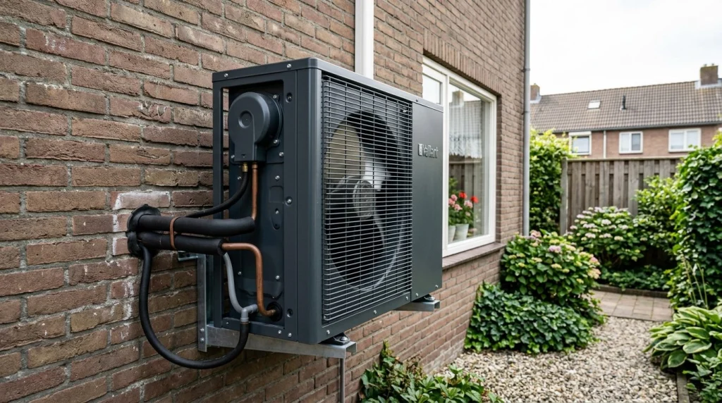 hybride warmtepomp buitenunit tegen Nederlandse woning met ventilatorgril en leidingen
