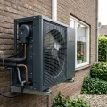 hybride warmtepomp buitenunit tegen Nederlandse woning met ventilatorgril en leidingen