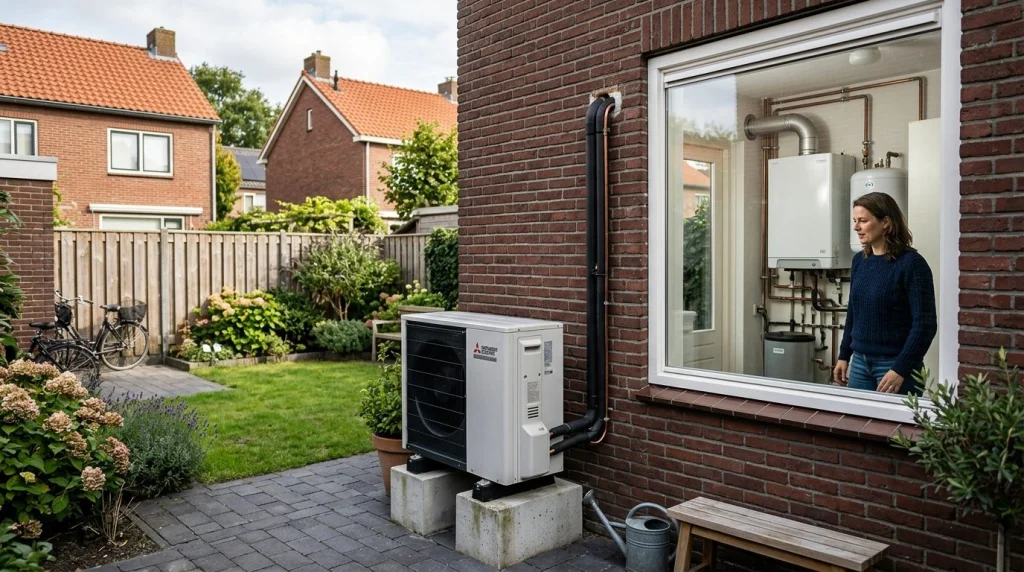 hybride warmtepomp buitenunit naast Nederlandse woning met cv-ketel zichtbaar