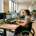 jonge vrouw met beperking aan bureau met laptop in nederlandse kantoorsetting