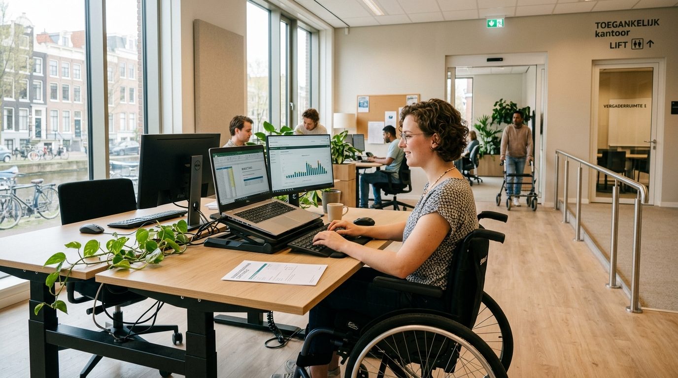 jonge vrouw met beperking aan bureau met laptop in nederlandse kantoorsetting