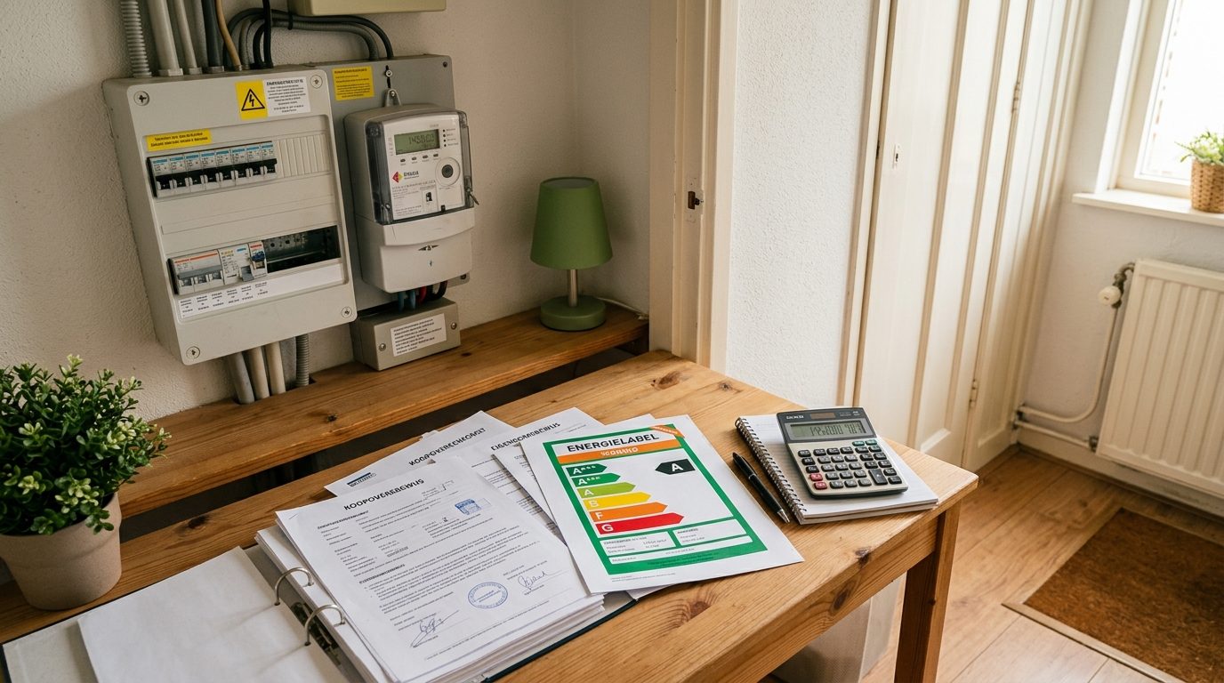 Nederlandse meterkast met energielabel en huisverkoop documenten, administratie overwaarde