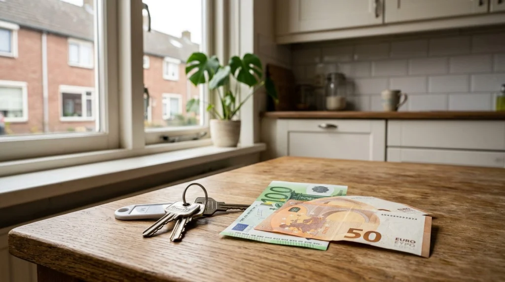 Nederlandse rijtjeswoning interieur met huissleutels en geldbiljetten op keukentafel, symbolisch voor overwaarde