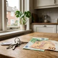 Nederlandse rijtjeswoning interieur met huissleutels en geldbiljetten op keukentafel, symbolisch voor overwaarde
