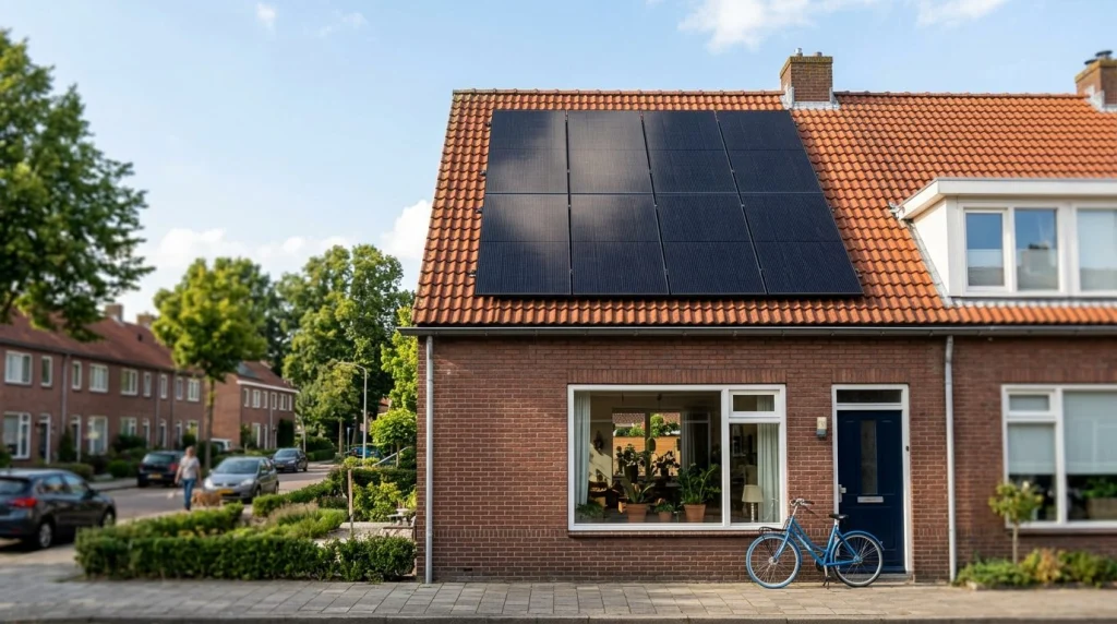 Nederlandse rijtjeswoning met tien zonnepanelen op zuidgericht dak