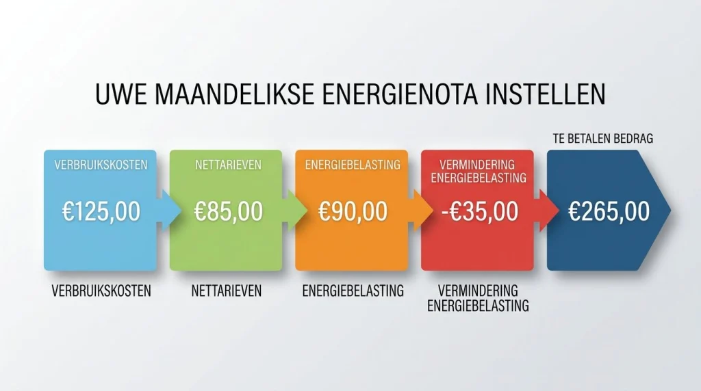 opbouw energierekening met verbruikskosten nettarieven energiebelasting en vermindering energiebelasting