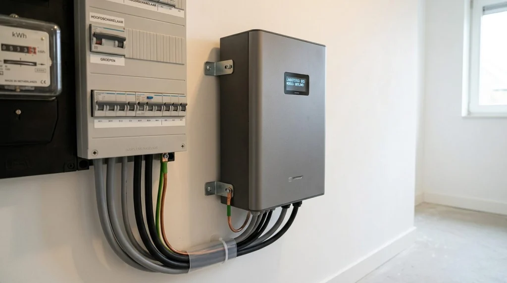 thuisbatterij lithium batterij gemonteerd aan Nederlandse meterkast met digitale display