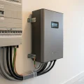 thuisbatterij lithium batterij gemonteerd aan Nederlandse meterkast met digitale display