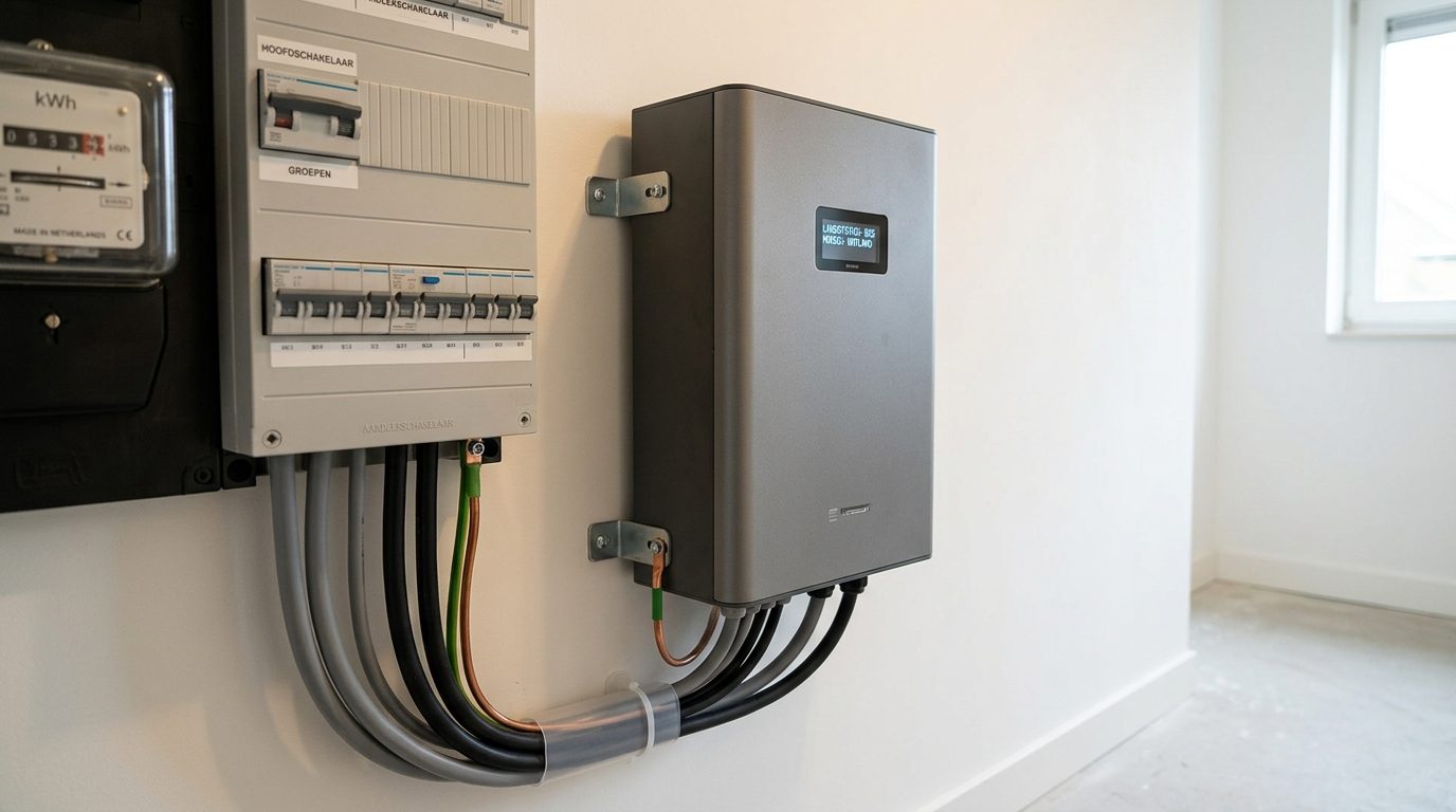 thuisbatterij lithium batterij gemonteerd aan Nederlandse meterkast met digitale display