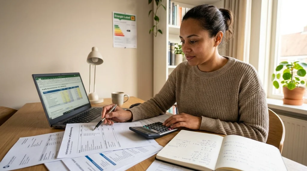 Persoon aan bureau met belastingaangifte, rekenmachine en vermogensoverzicht papieren