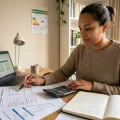Persoon aan bureau met belastingaangifte, rekenmachine en vermogensoverzicht papieren