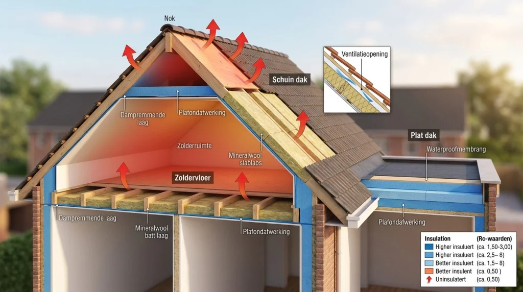 schematische doorsnede Nederlandse rijwoning warmteverlies dak zolder isolatie