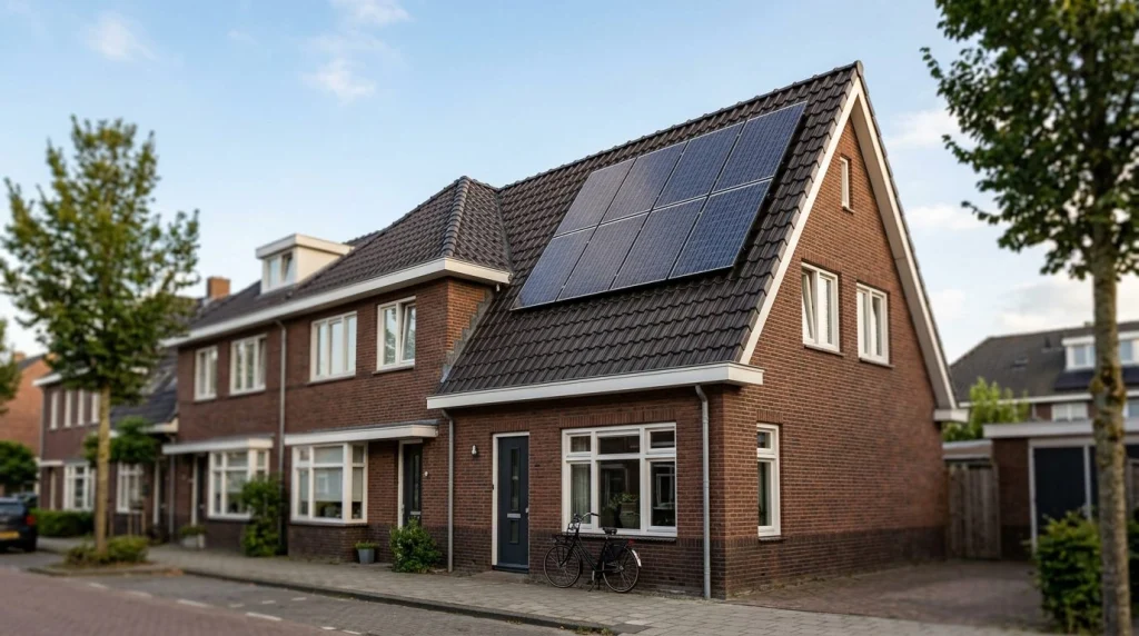 zonnepanelen op Nederlands rijtjeshuis dak met blauwe lucht