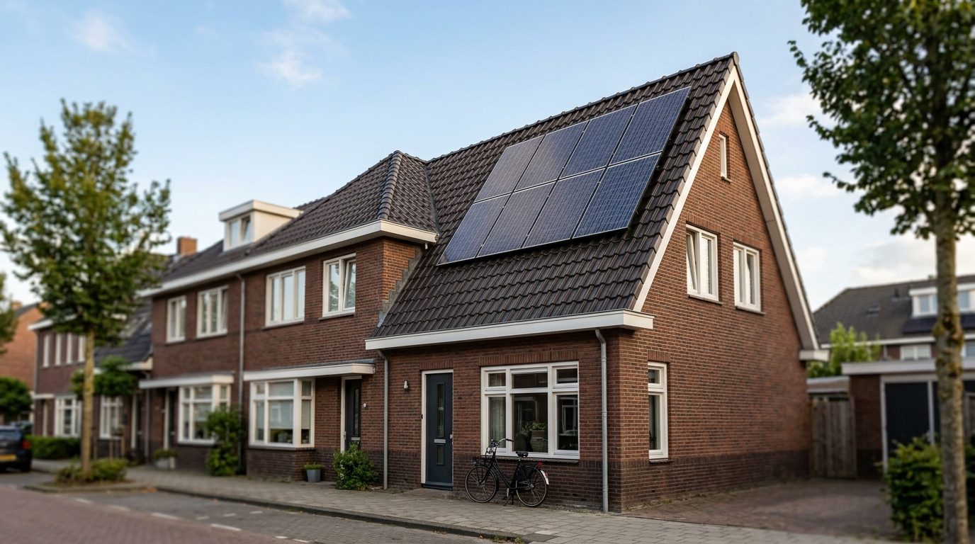 zonnepanelen op Nederlands rijtjeshuis dak met blauwe lucht