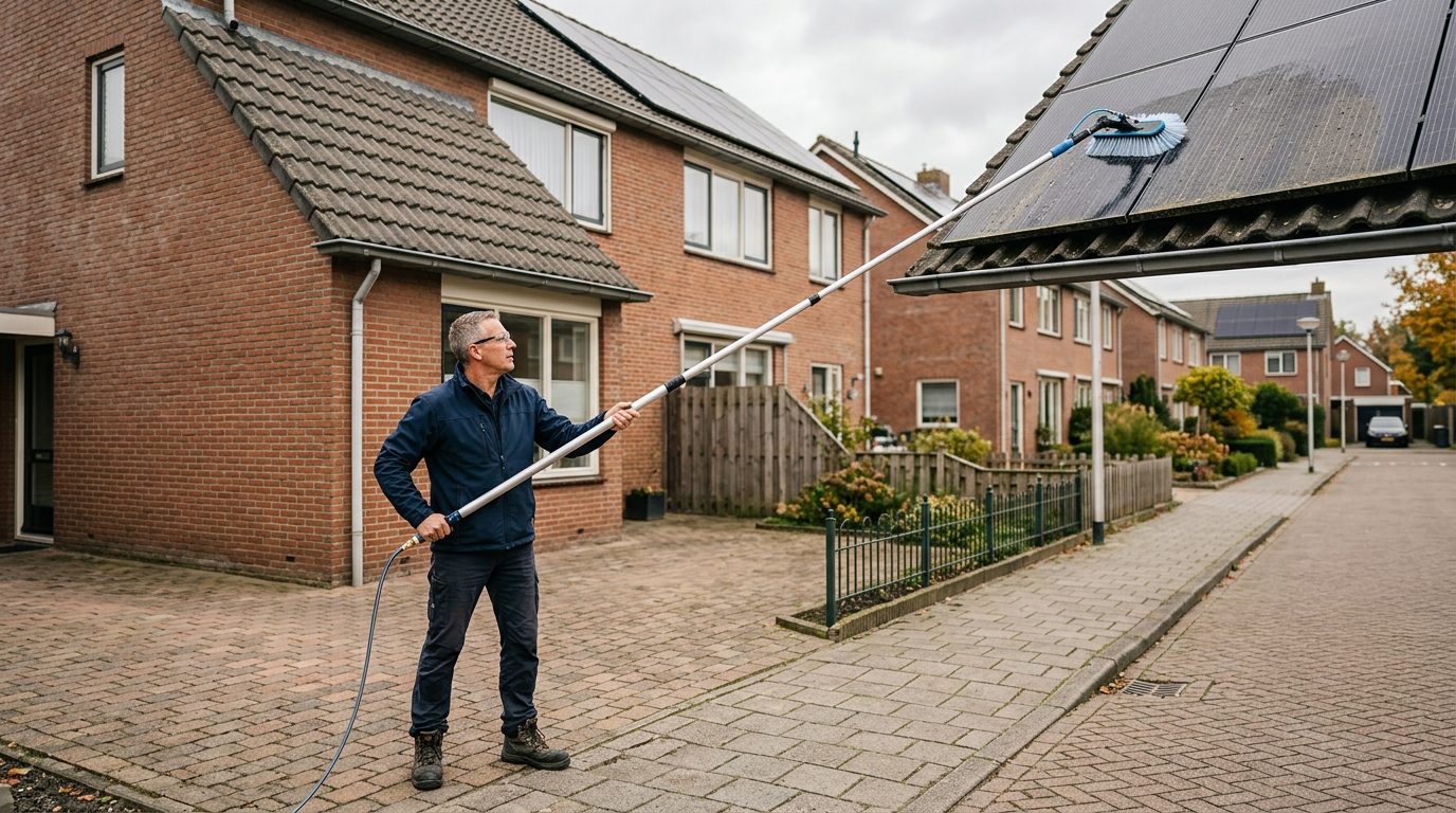 man schoonmaakt zonnepanelen veilig met telescoopsteel zachte borstel